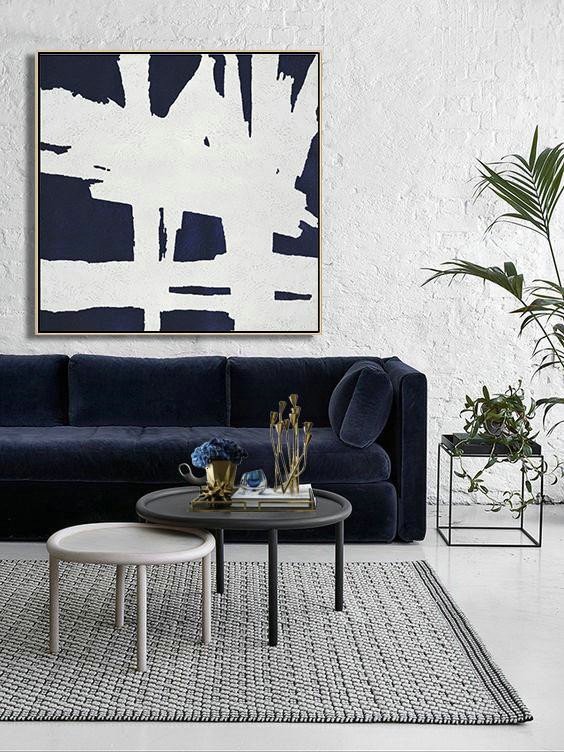 Extra Large Acrylic Painting On Canvas,Hand Painted Navy Minimalist Painting On Canvas,Handmade Acrylic Painting